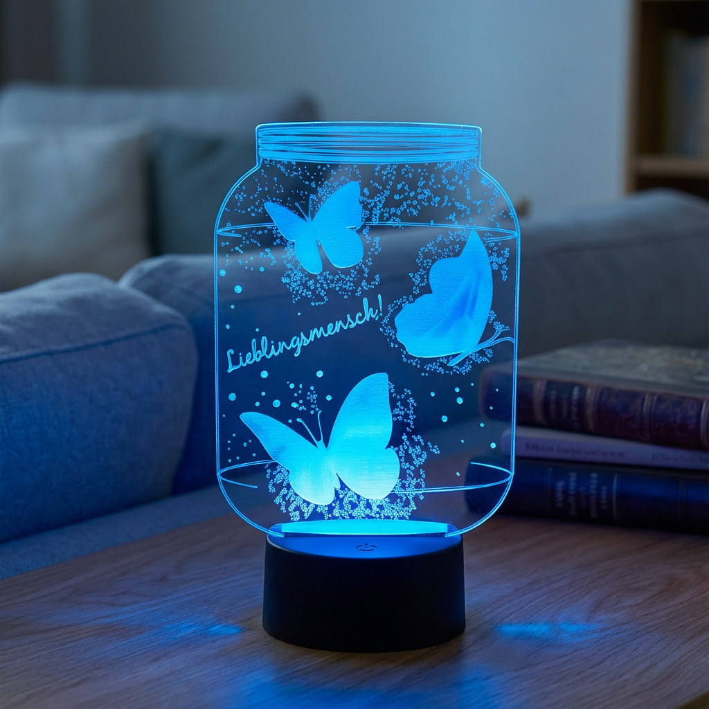 Personalisierte Acrylglas Tischleuchte - Schmetterlinge im Glas