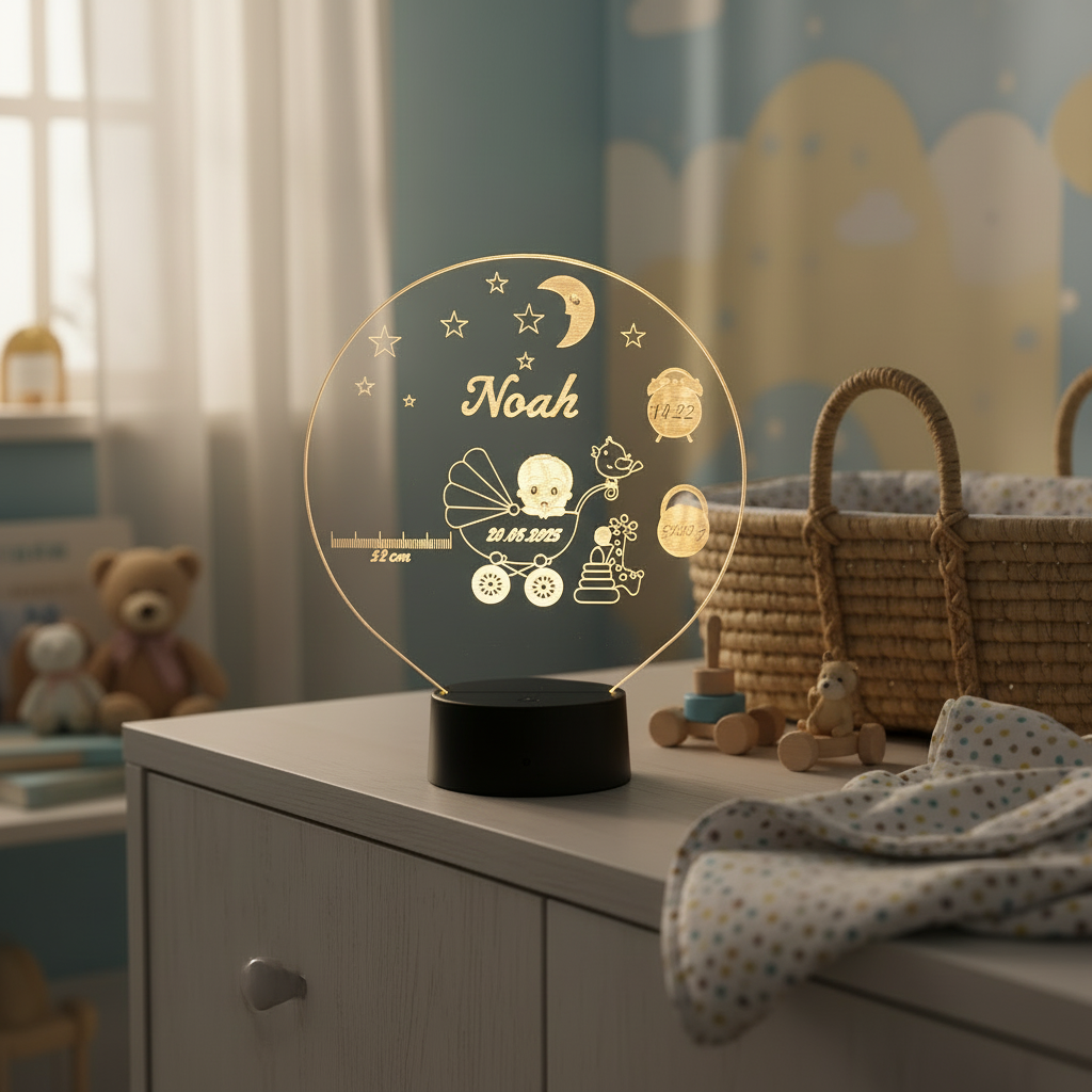 Personalisierte Acrylglas Tischleuchte - Baby Junge Geburt