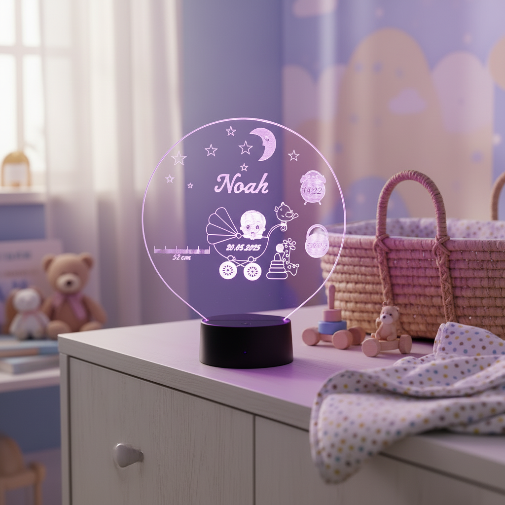 Personalisierte Acrylglas Tischleuchte - Baby Junge Geburt