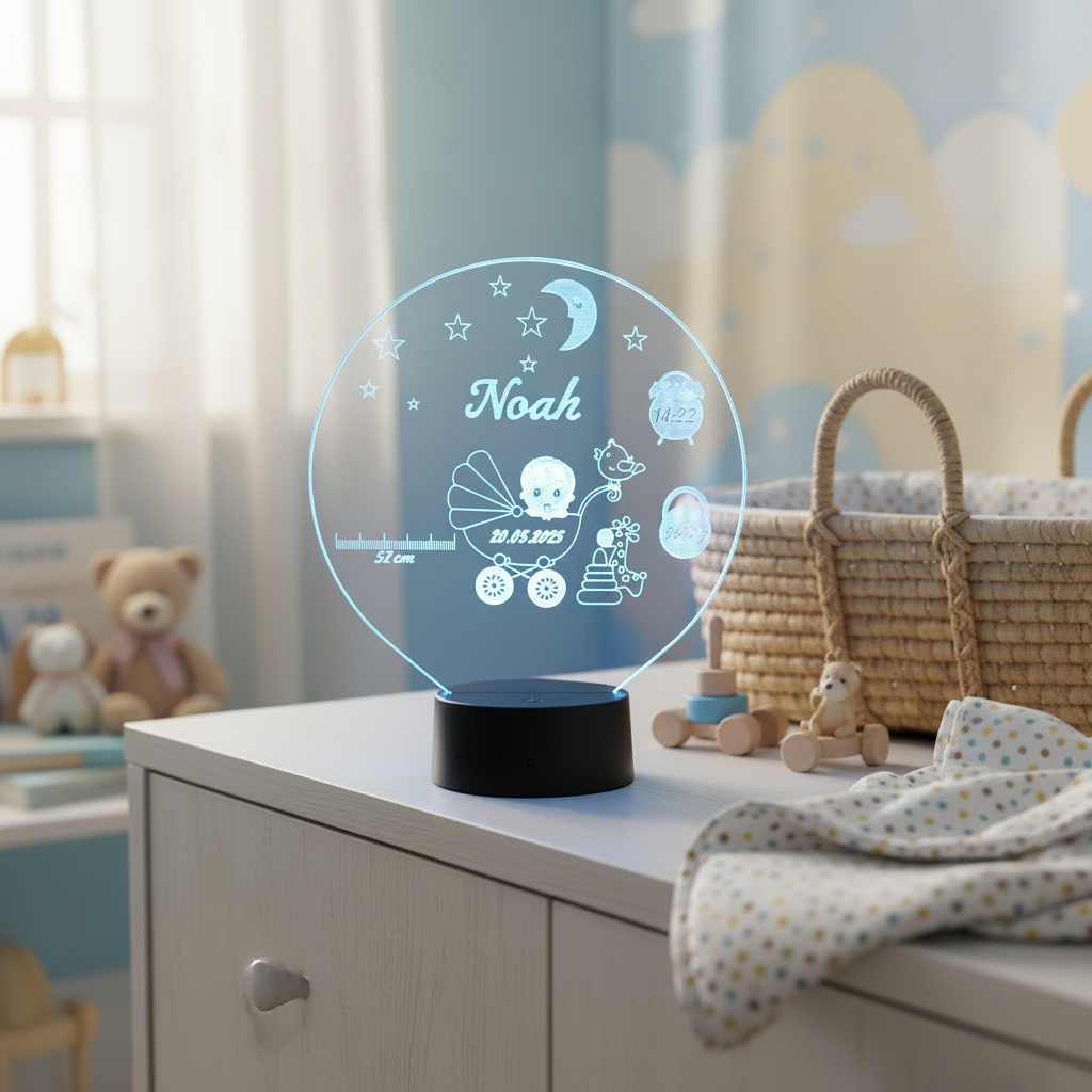 Personalisierte Acrylglas Tischleuchte - Baby Junge Geburt