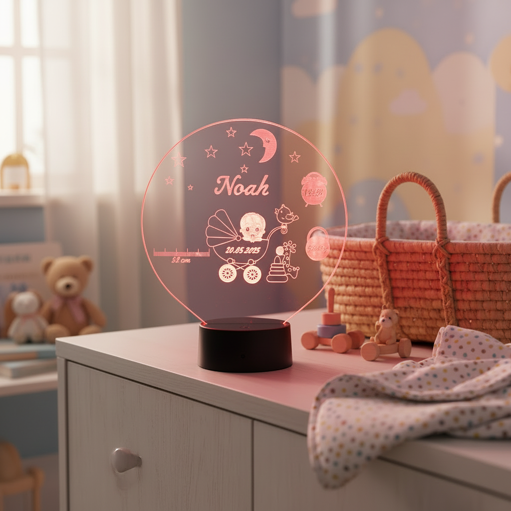 Personalisierte Acrylglas Tischleuchte - Baby Junge Geburt