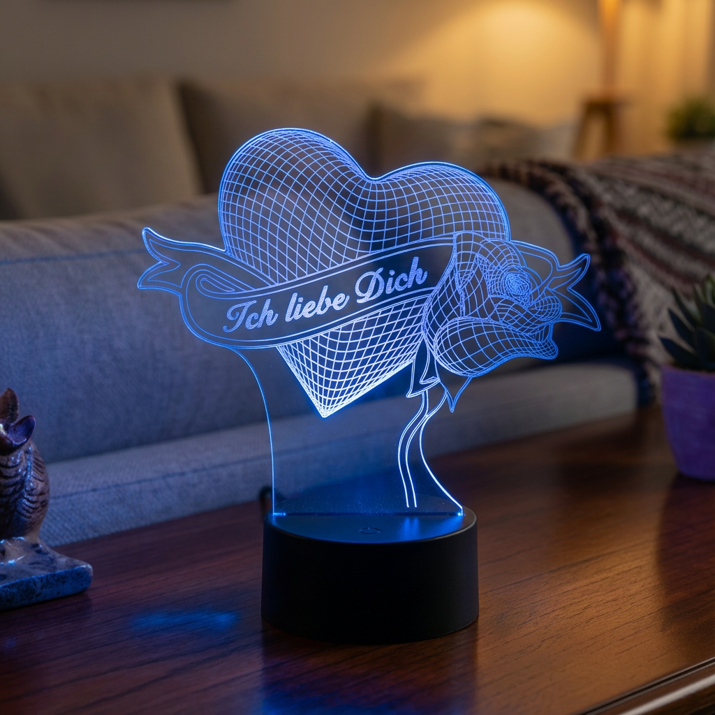 Personalisierte Acrylglas Tischleuchte - Herz mit Rose