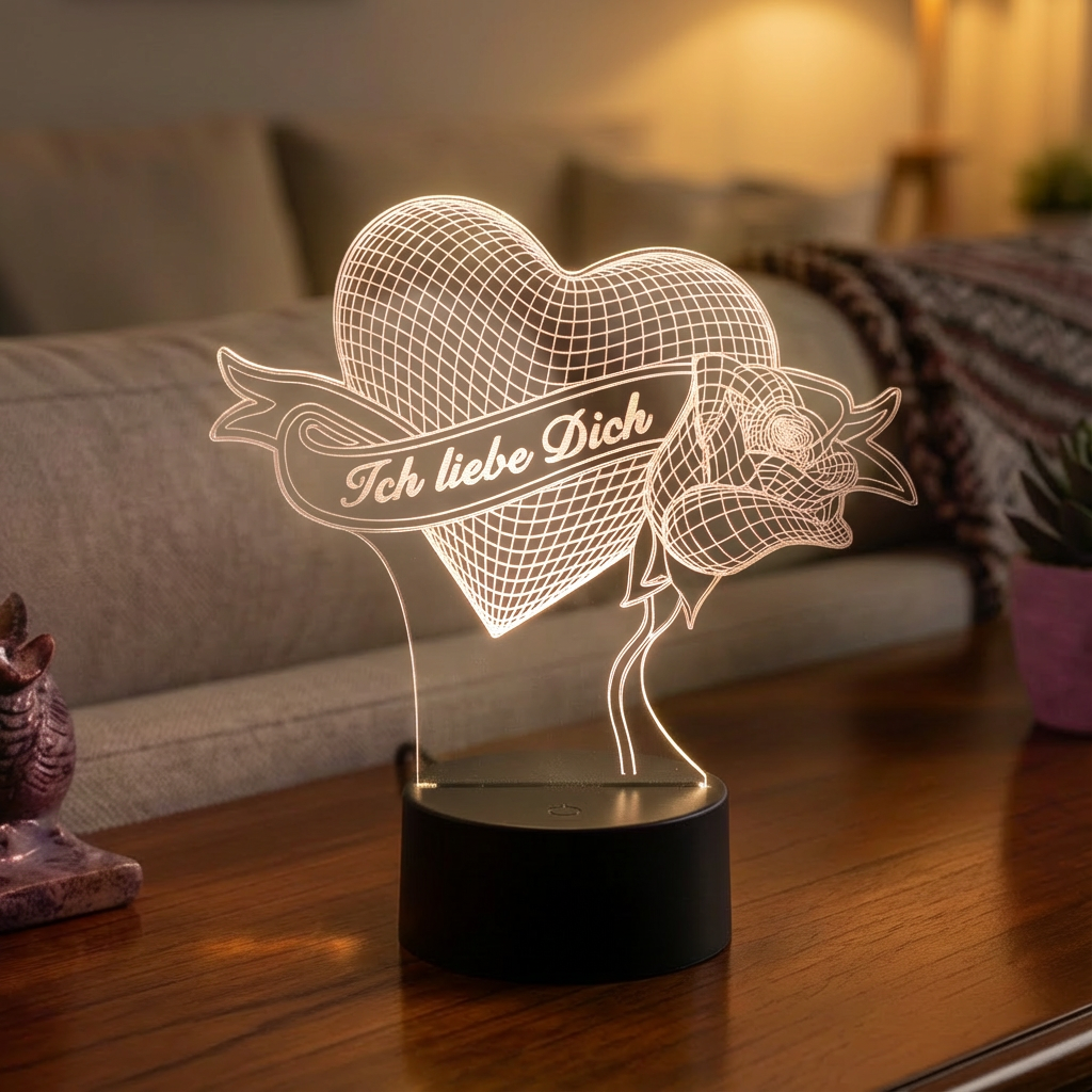 Personalisierte Acrylglas Tischleuchte - Herz mit Rose