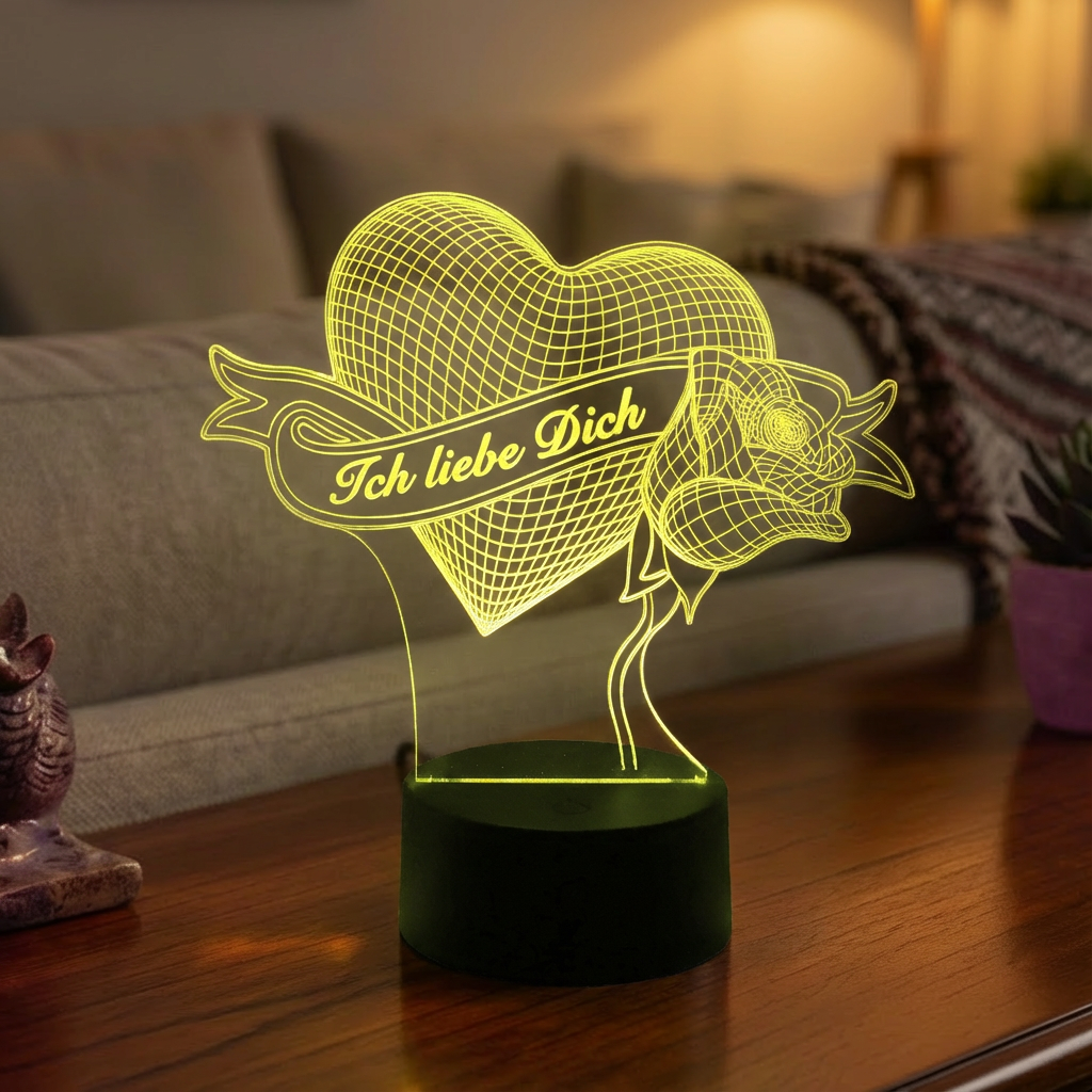 Personalisierte Acrylglas Tischleuchte - Herz mit Rose