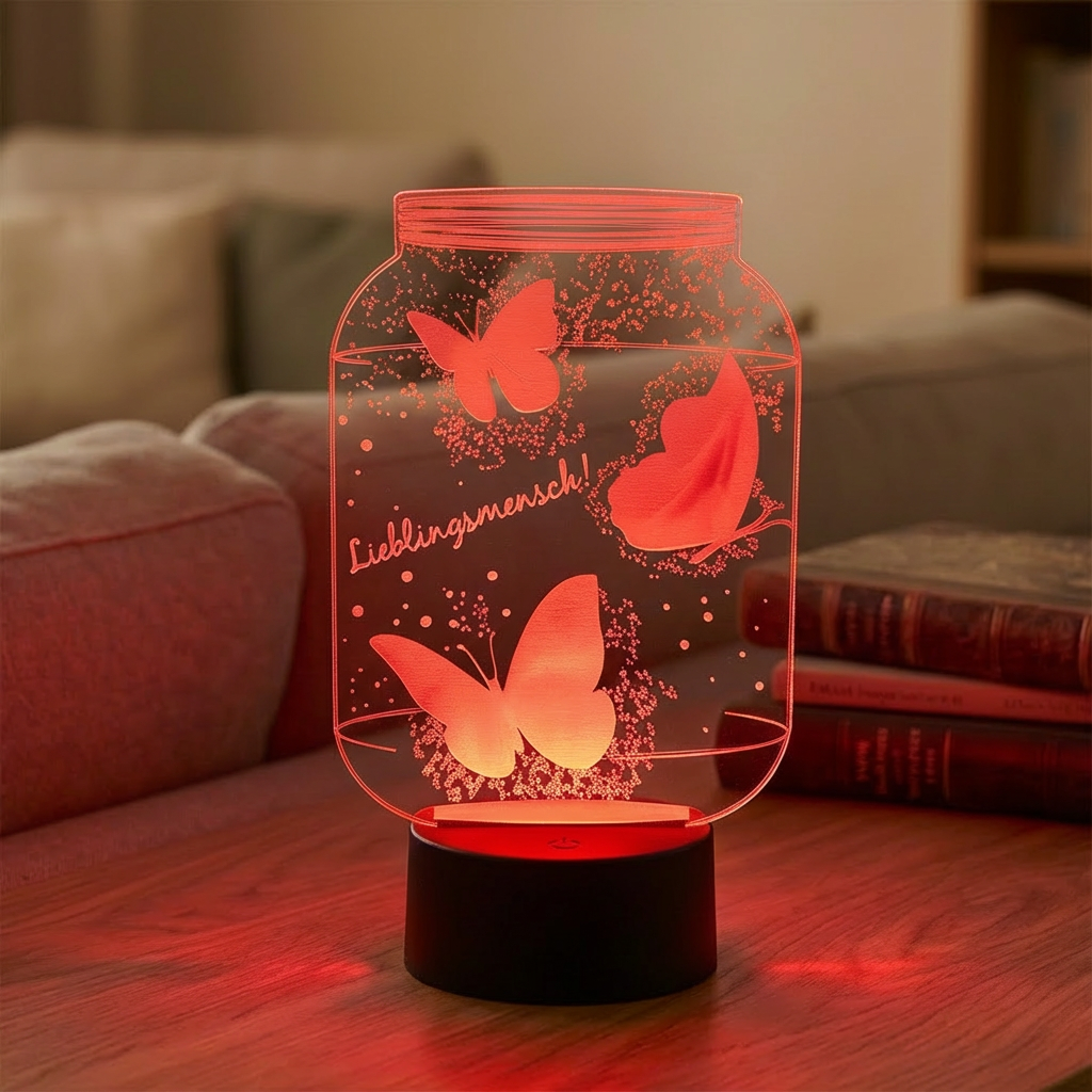 Personalisierte Acrylglas Tischleuchte - Schmetterlinge im Glas