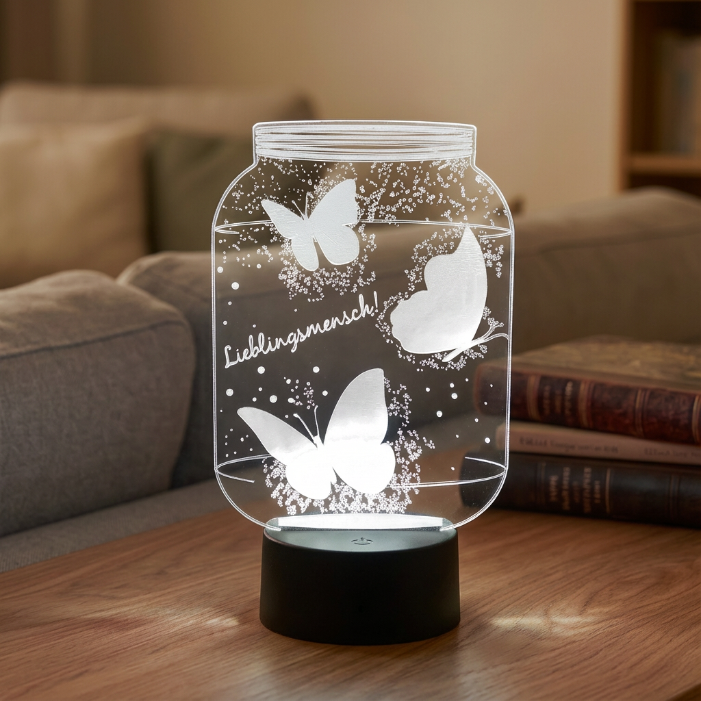 Personalisierte Acrylglas Tischleuchte - Schmetterlinge im Glas