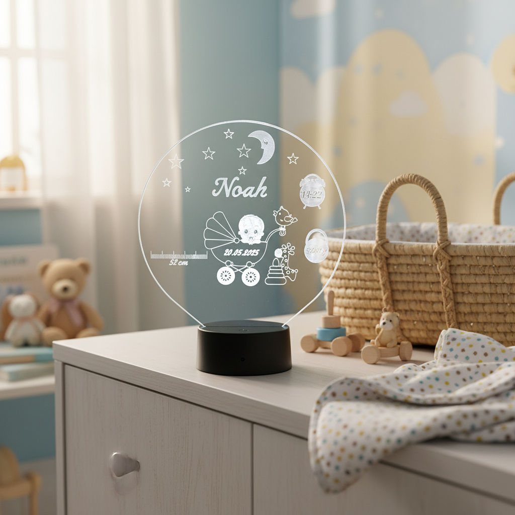 Personalisierte Acrylglas Tischleuchte - Baby Junge Geburt