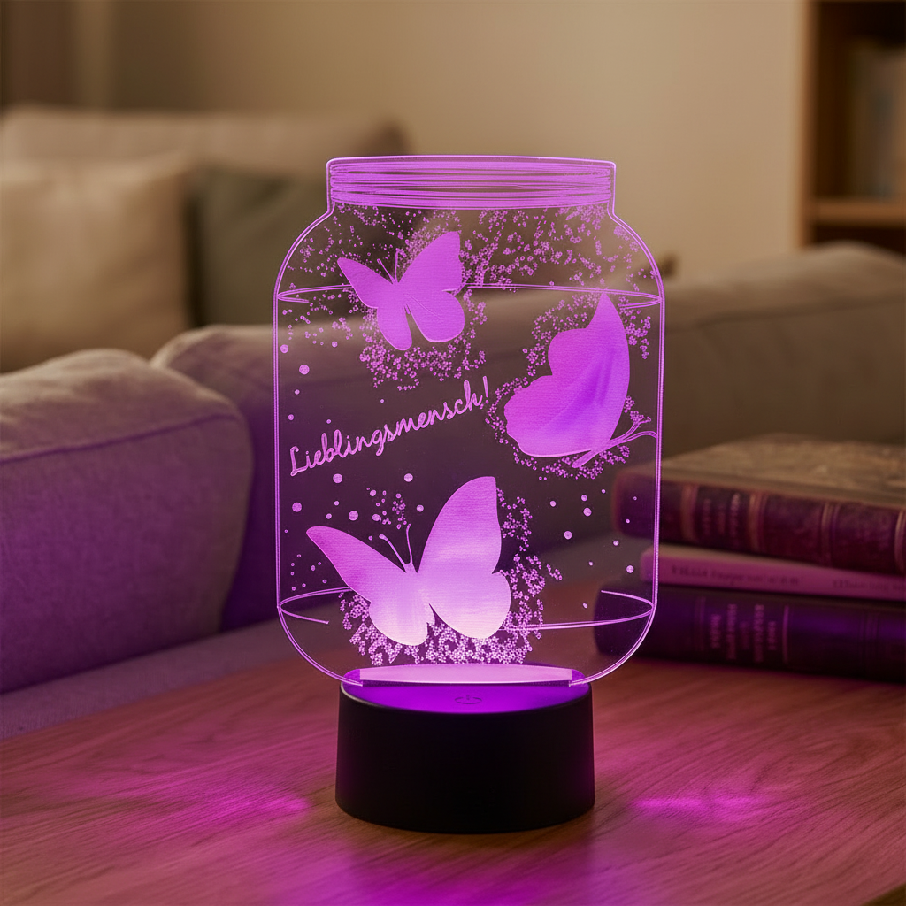 Personalisierte Acrylglas Tischleuchte - Schmetterlinge im Glas