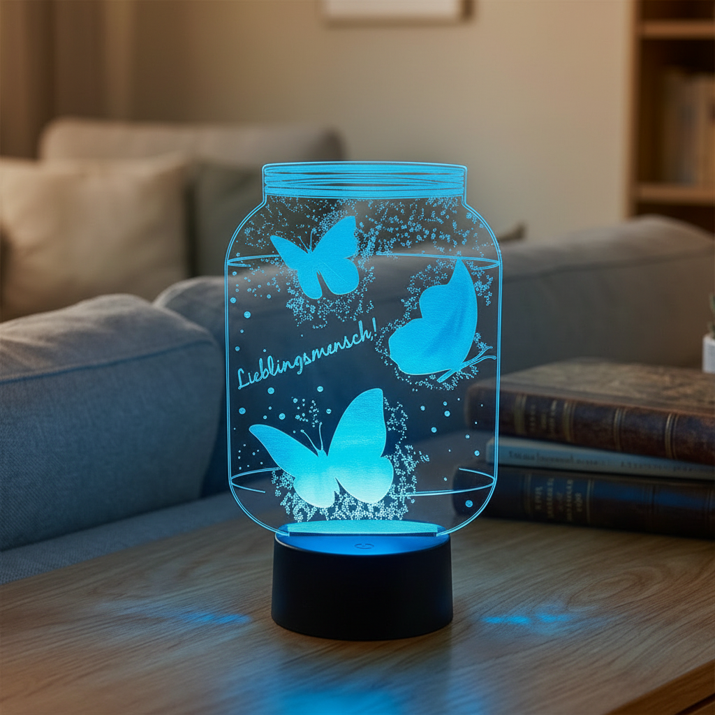 Personalisierte Acrylglas Tischleuchte - Schmetterlinge im Glas