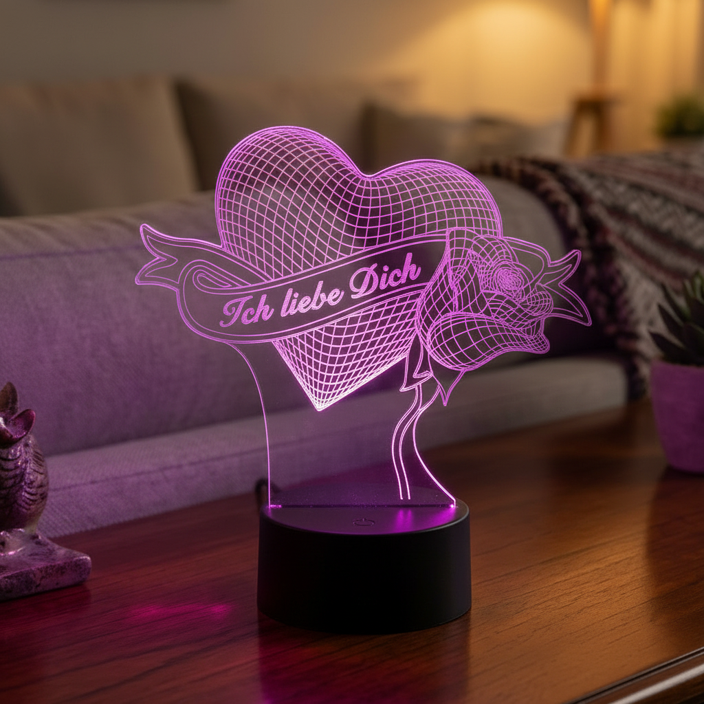Personalisierte Acrylglas Tischleuchte - Herz mit Rose