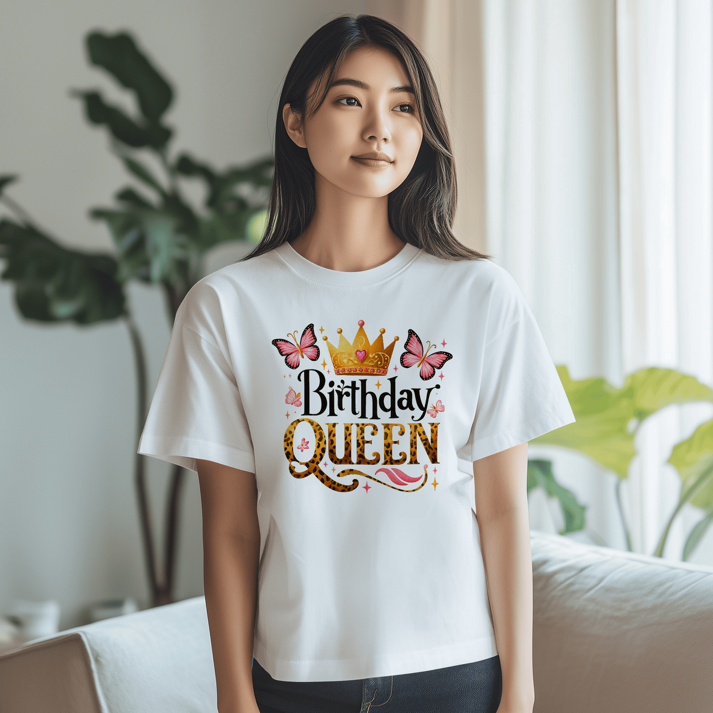 Birthday Queen T-Shirt mit Krone und Schmetterlingen